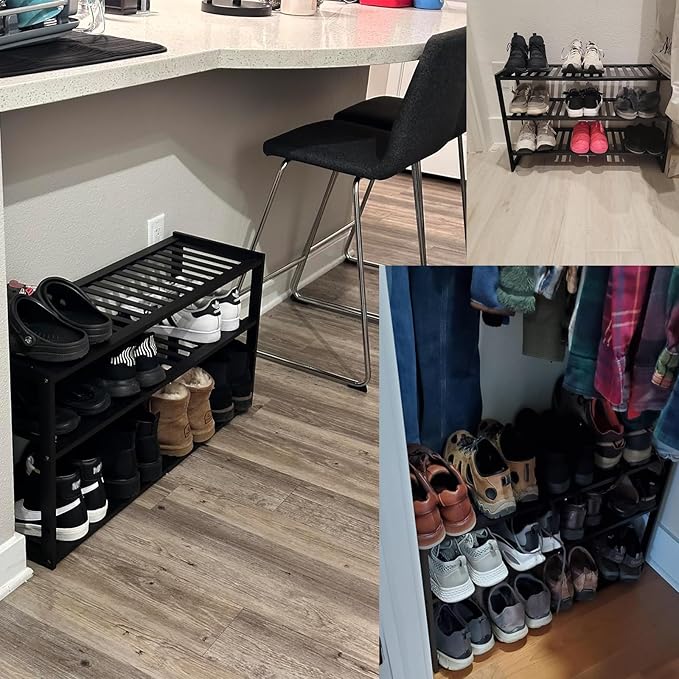 Bamboo Shoe Rack for Closet, Stackable 3 Tier Longer Shoe Organizer Shelf Holder Storage 12-15 Pairs for Entryway Door Hallway Bedroom Garage Space Saving Foldable Black