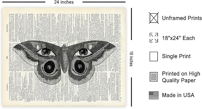 Poster Master Dictionary Art Poster - Butterfly Print - Eyes on Wings Art - Insect Art - Gift for Men, Women & Animal Lover - Gothic Decor for Living Room, Bedroom or Dorm, 18x24 Unframed Wall Art
