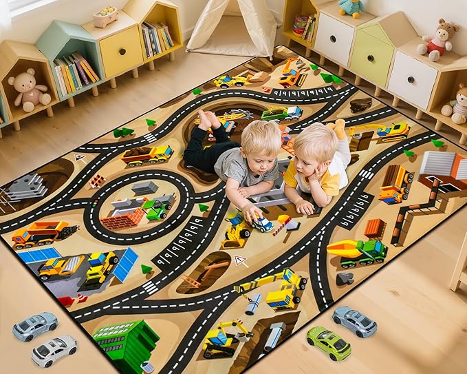 Kids 4x6 Ft Construction Site Car Rug - Extra Thick (0.4in),Tufted Wool & Rubber, Non-Slip, Stain & Fade Resistant, Machine Washable, Rustic Cartoon Construction Site Pattern