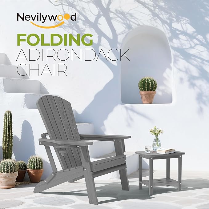nevilywood Folding Adirondack Chair - Extended Ergonomic Backrest, Cup Holder - Easy Assembly - Durable HDPE Plastic, Weather Resistant & Maintenance-Free - Lawn, Patio, Deck Supports 380lbs Grey