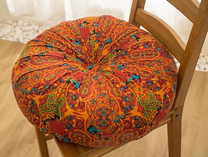 vctops Boho Cotton Linen Round Chair Seat Cushions for Dining Kitchen Office Chairs Patio Super Soft Printed Chair Pads Floor Pillow (Orange,22"x22")