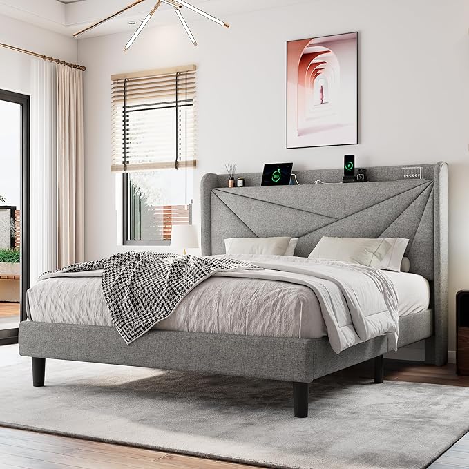Queen Size Upholstered Bed Frame with Charging Station, Platform Bed Frame with Storage Headboard, Solid Wood Slats Support, No Box Spring Needed, Light Gray