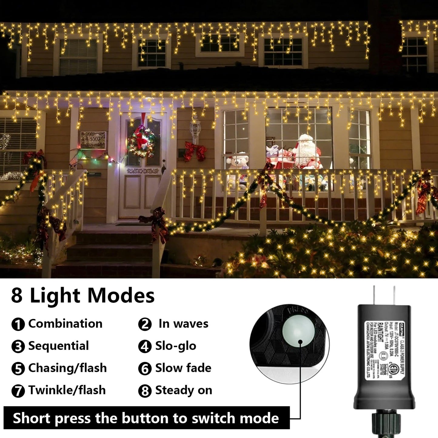 QITONG Warm White Icicle Christmas Lights, 33ft 400 LED Icicle Lights for Outside Indoor with 8 Modes, Clear Wire Connectable String Light Plug in