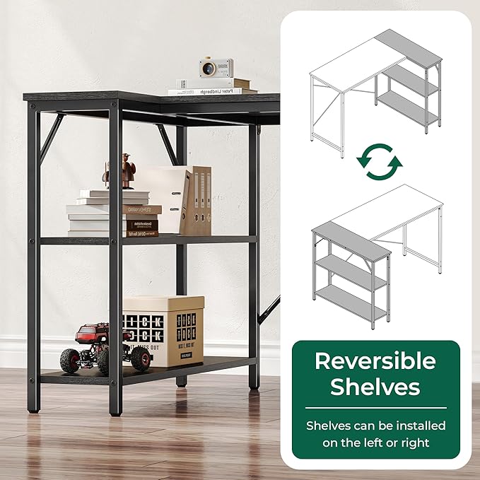 Huuger L Shaped Desk, 63 Inches Computer Desk with Reversible Storage Shelves, Gaming Corner Home Office Writing Study, Metal Frame, Black