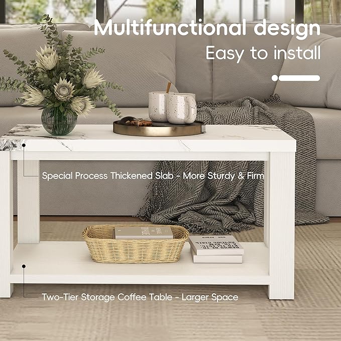 Coffee Table 40" Faux Marble White Oak 2-Tier Rectangle Thickened Modern Wooden Center Table for Living Room, Conference Room, Small Space Home Furniture (Classic White Oak)