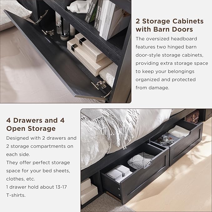 ACCOHOHO Queen Size Wood Bed Frame Farmhouse with 52" Tall Storage Bookcase Headboard, LED Light,Charging Station,4 Drawers and Solid Wood Slats Support,Noiseless,No Box Spring Needed - Black