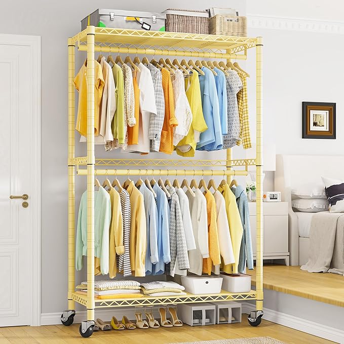 Raybee 79" H Heavy Duty Rolling Garment Rack for Hanging Clothes Adjustable Clothing Rack with Wheels, Hanging Rods,79" H X35.5 W X15.7 D,Yellow