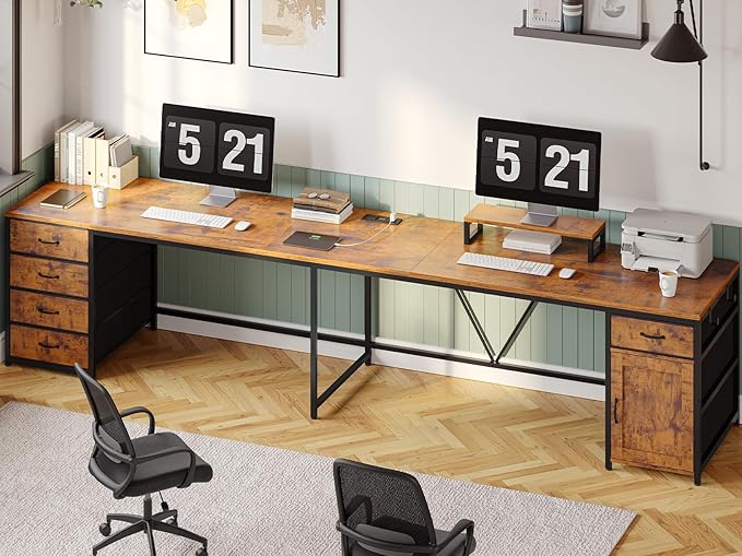 SEDETA L Shaped Desk, 63" Computer Desk with 5 Drawer & Power Outlet, Long Home Office Desk or Corner Desk, L Shaped Corner Desk with Monitor Shelf, Storage Cabinet, Rustic Brown