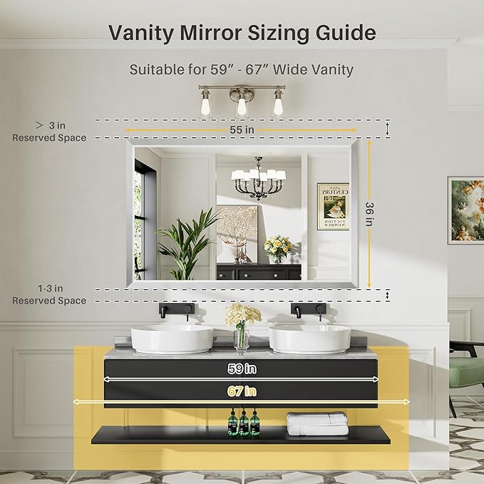 55x36 Inch Silver Bathroom Mirror for Wall, Thick Metal Framed Rectangle Mirrors for Over Sink, Bedroom, Living Room, Entryway, Anti-Rust, HD Tempered Glass