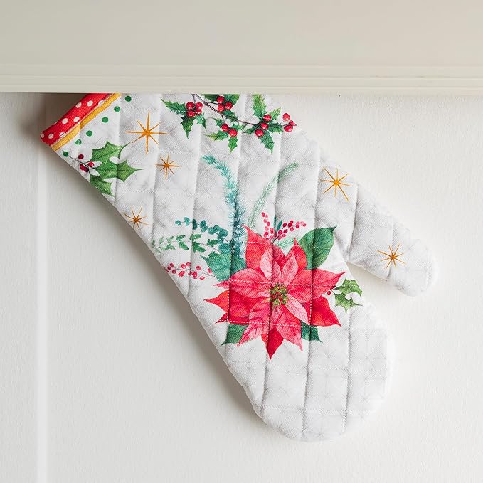 Maison d' Hermine Oven Gloves 100% Cotton Oven Mitt 7" x 13" with Loop Heat Resistant Cooking Gloves for Thanksgiving Christmas Decorations Baking Handling Hot Pans (Pack of 1, Poinsettia Christmas)