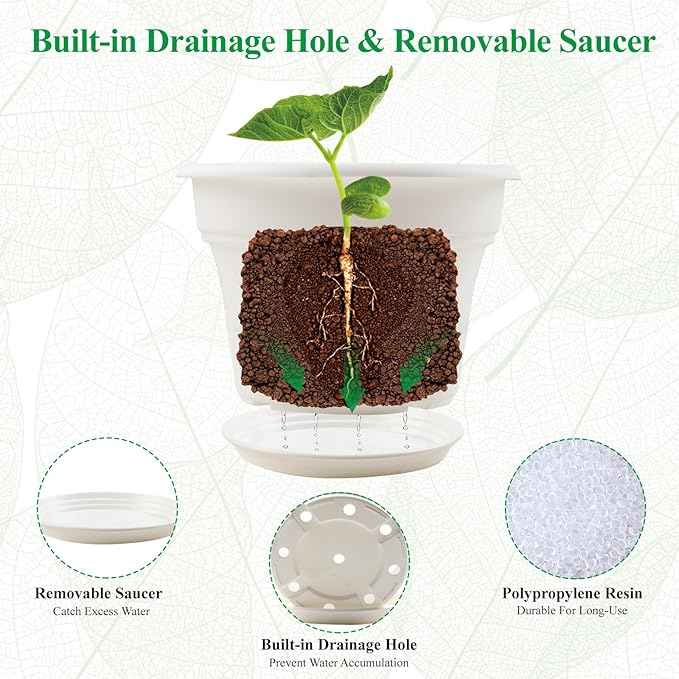 13 Inch Plastic-Flower-Pot-for-Indoor-Plants, 4 Pack Large Outdoor Planter Pot with Drainage Holes & Saucers, Resin Decorative Garden Pots Planters