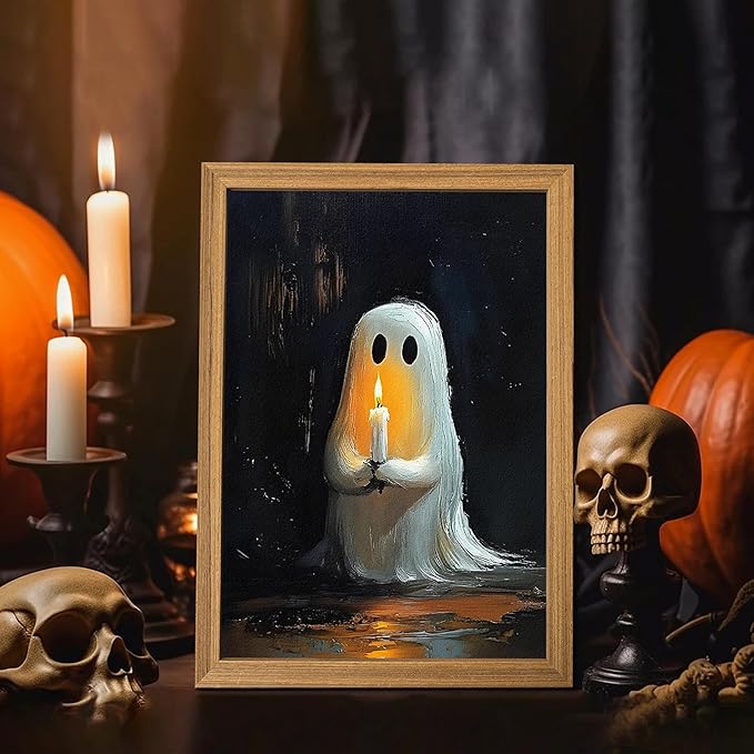 Framed Vintage Halloween Ghost Wall Art - Spooky Candle Ghost Fall Texture Pictures Wall Decor for Living Room, Kids Room, Halloween Bedroom or Party 12x16 inch