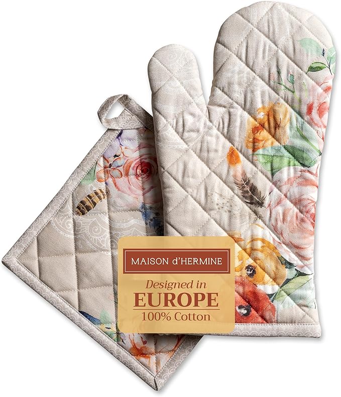 Maison d' Hermine 100% Cotton Oven Mitt & Pot Holder Set (7.5"x13" & 8"x8") Heat Resistant BBQ Cooking Gloves with Loop, Baking, Grilling, Kitchen, Handling Hot Pans Spring/Summer (Ibiza - Beige)