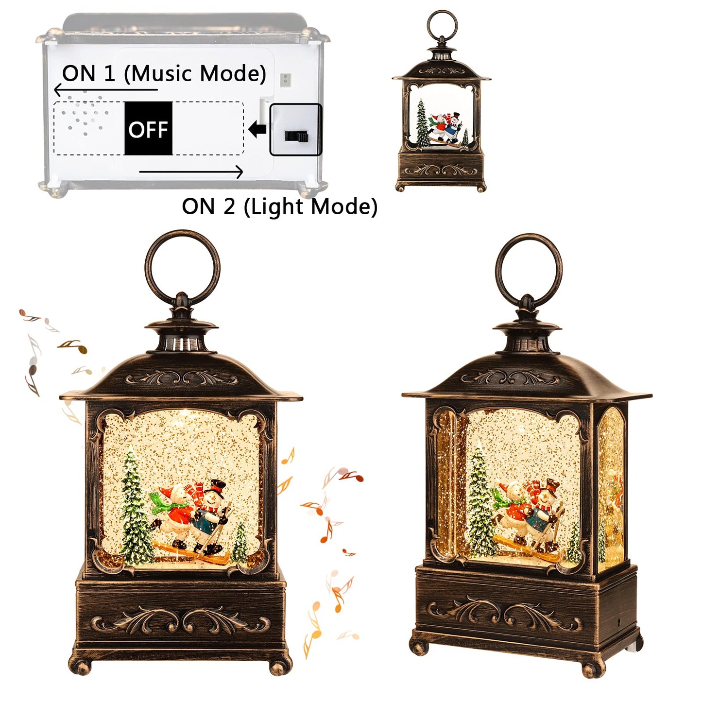 Christmas Snow Globe Lantern Christmas Decorations Water Glittering Lanterns with Music & Timer, USB Lined/Battery Operated Lighted Lantern for Christmas Festival Decoration Gifts (Skiing Snowman)