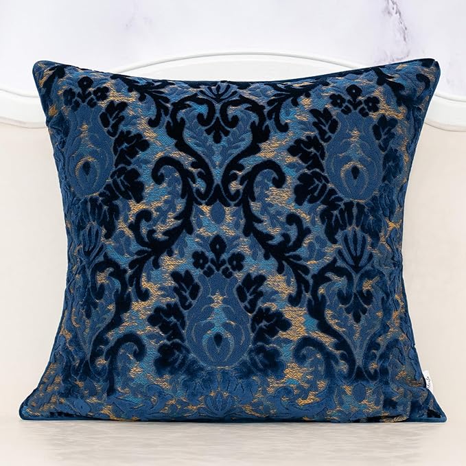 Alerfa Boho Blue Floral Throw Pillow Cover 18x18 Inch Cut Velvet Sqaure Luxury Embroidered Decorative Pillow Cover for Couch Living Room Bedroom