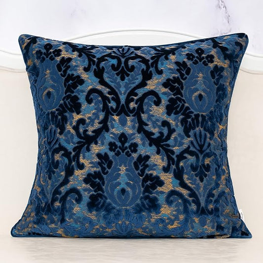 Alerfa Boho Blue Floral Throw Pillow Cover 18x18 Inch Cut Velvet Sqaure Luxury Embroidered Decorative Pillow Cover for Couch Living Room Bedroom