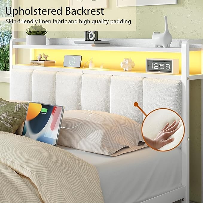 King Bed Frame with LED Lights and Charging Station, Metal Platform Bed Frame King with Upholstered Storage Headboard, Heavy Duty Metal Slats, No Box Spring Needed, Easy Assembly, White