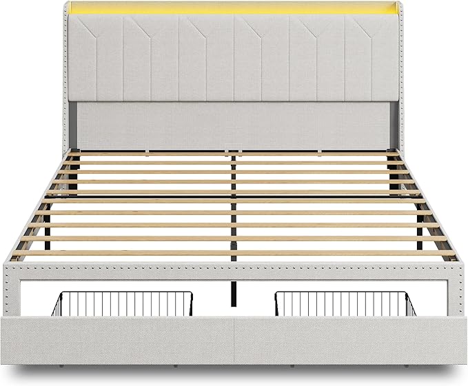 WLIVE King Size Upholstered Bed Frame with 2 Drawers, Linen Tufted Storage Headboard with Charging Ports and LED Light, Sturdy Metal & Wooden Slats Support, No Box Spring Needed, Beige