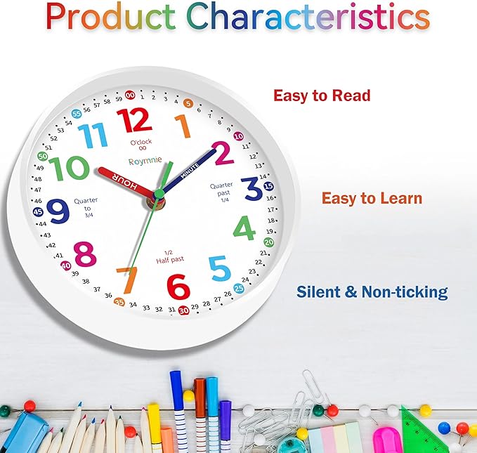 Roymnie14 Inch Wall Clock for Kids Learning to Tell Time Large Analog Silent Battery Operated Teaching Clock Silent Colorful Teaching Time Ideal Gift for Kids Room School(White Grain)