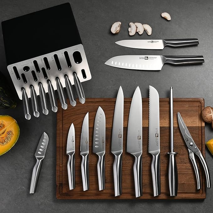 19 Piece Contour High Carbon Stainless Steel Kitchen Knife Set with Knife Sharpener Non-Slip Handles Knife Set with Block