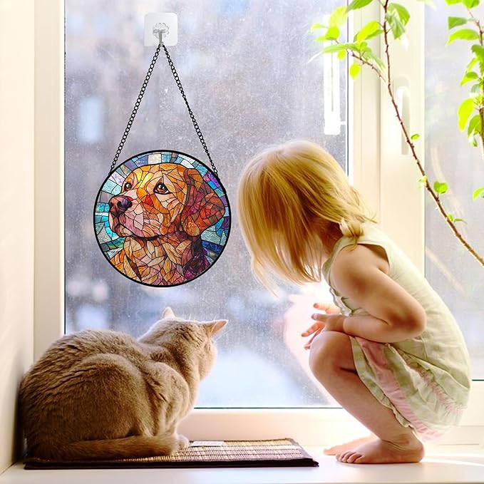 Stained Glass Window Hanging, Cute Dog Abstract Sun Catchers Colorful Glass Panel Texture Suncatcher Decor for Birthday for Women, Men, Wife, Aunt, and Mom 6.3 in