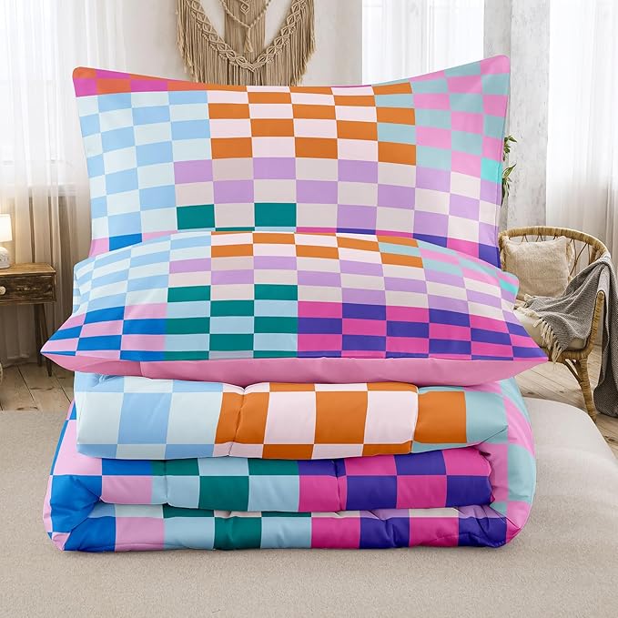 Tailor Shop Plaid Comforter Sets Queen Bedding Set Women Men Checkerboard Grid Bedding Boys Girls Checkered Geometric Room Decor with 2 Pillowcases