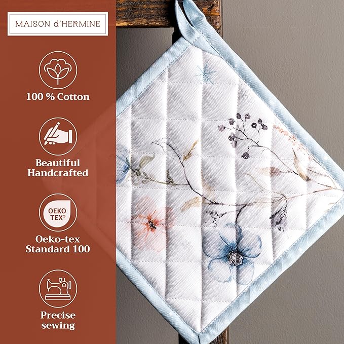 Maison d' Hermine Pot Holders 100% Cotton Heat Resistant Potholders 8" x 8" Hot Pads with Loop for Thanksgiving Christmas Decorations BBQ Cooking Baking Handling Hot Pans (Pack of 1, Ice Florals)