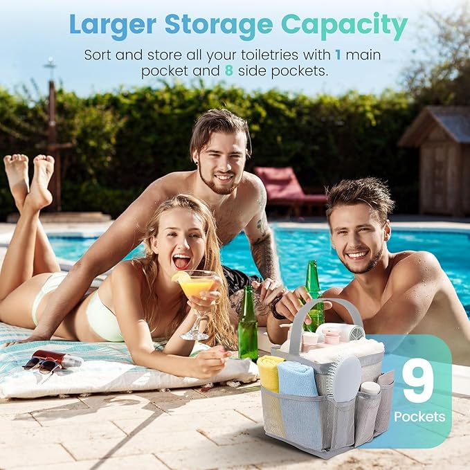 Shower Caddy Portable for College Dorm Room Essentials for Girls with 9 Pockets,Large-Capacity Shower Basket,Quick Dry Toiletry Tote Bag for Women,Outdoor Gym,Travel,Swim,Beach Camping Essentials-Grey