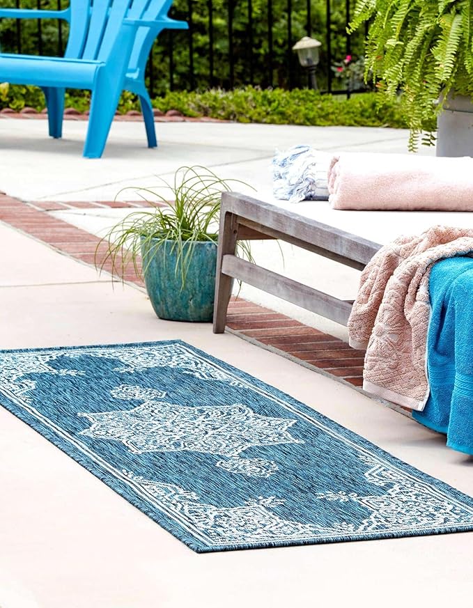 Unique Loom Outdoor Traditional Collection Area Rug - Antique (2' x 8' Runner Teal/Ivory)