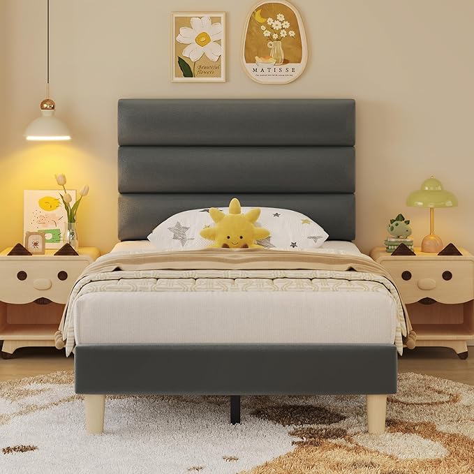 Twin Bed Frame, Platform Bed Frame with Velvet Upholstered Headboard, No Box Spring Needed, Sturdy Metal Support, Noise Free, Easy Assembly, Modern Bedroom Furniture, Grey