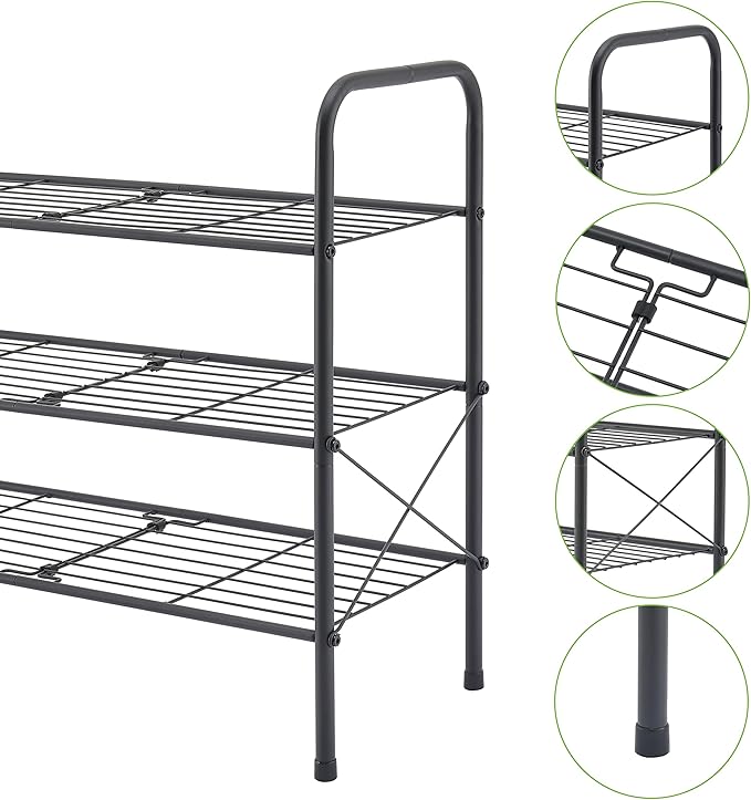 Hoctieon 3 Tier Mesh Style Shoe Rack, Entryway Shoe Shelf, Shoe Storage Organizer, Shoe Rack for Closet, Space Save for Bathroom, Garage, Hallway, Bedroom, Living Room, Black