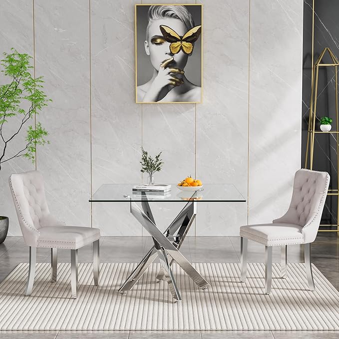 Henf 36'' Tempered Glass Dining Table for 2-4 People, Square Kitchen Table with Silver X-Base Metal Legs, Adjustable Feet, Glass Desk for Small Space, Clear Square Dining Room Table for 4