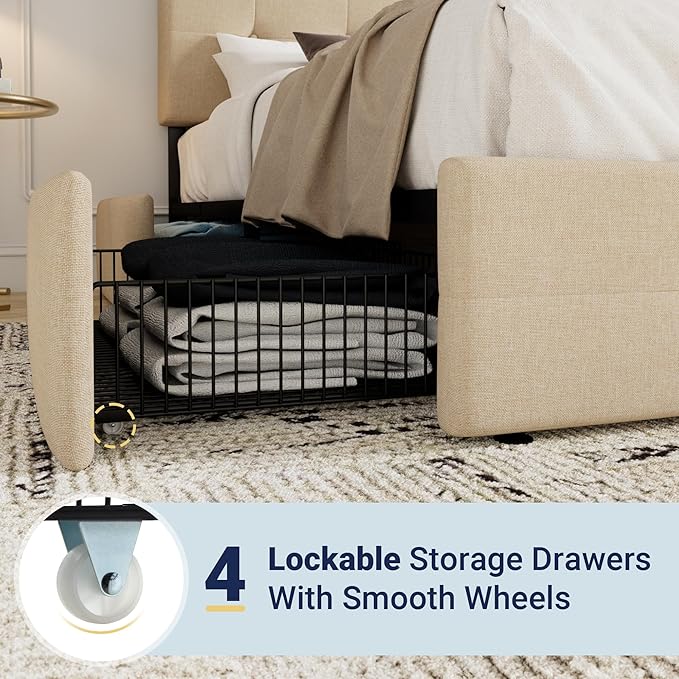 Allewie Upholstered Full Size Platform Bed Frame with 4 Storage Drawers and Headboard, Square Stitched Button Tufted, Mattress Foundation with Wooden Slats Support, No Box Spring Needed, Beige