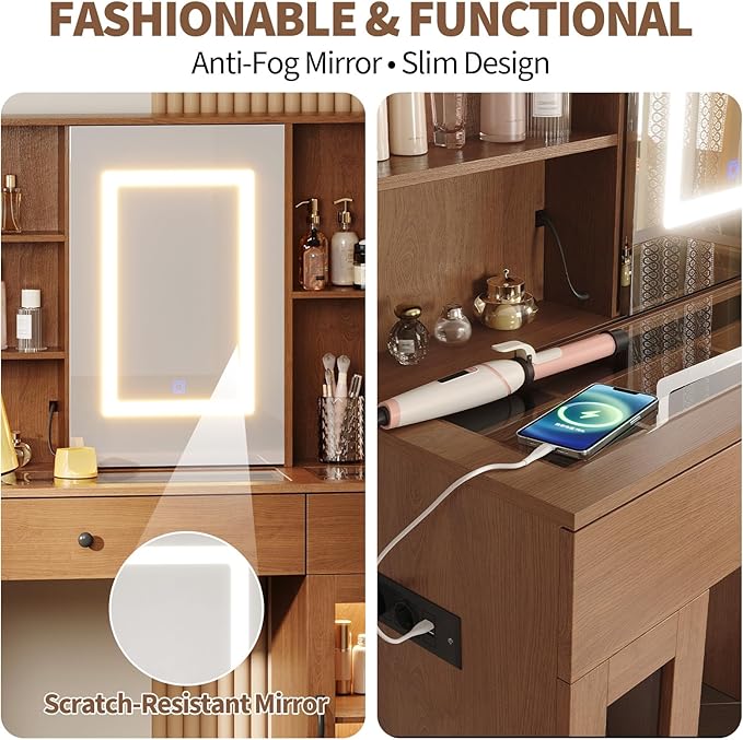 Vanity Desk with Mirror and Lights, Glass Top Vanity Desk with Sliding LED Mirror & 3-Color Lights, Makeup Dressing Table with Storage Drawers, Rainbow Glass Cabinets, USB/AC Outlets, MDF Beauty Hub