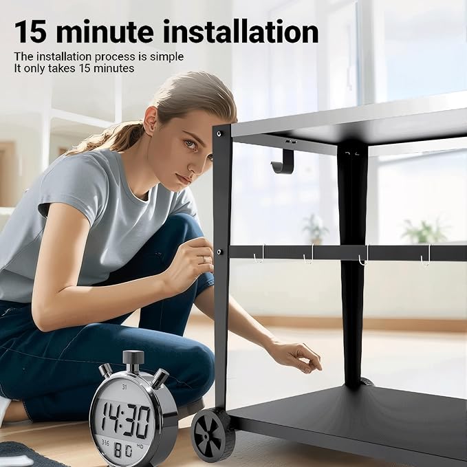 3-Shelf Outdoor Grill Table & Pizza Oven Cart with Wheels, Stainless Steel BBQ Prep Table with Hooks, Mobile Grill Stand for Blackstone/Ooni (Stainless Steel)