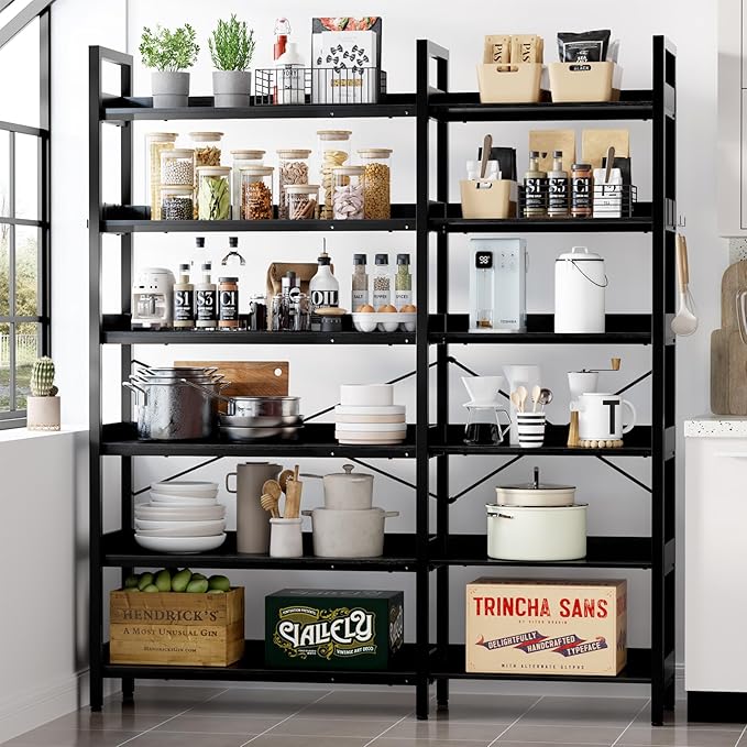 KOUSEI 6-Tier L-Shaped Reversible Corner Bookshelf, 69" Black Industrial Wood & Metal Bookcase, Wide Open Shelves + 4 Hooks for Living Room/Bedroom/Home Office