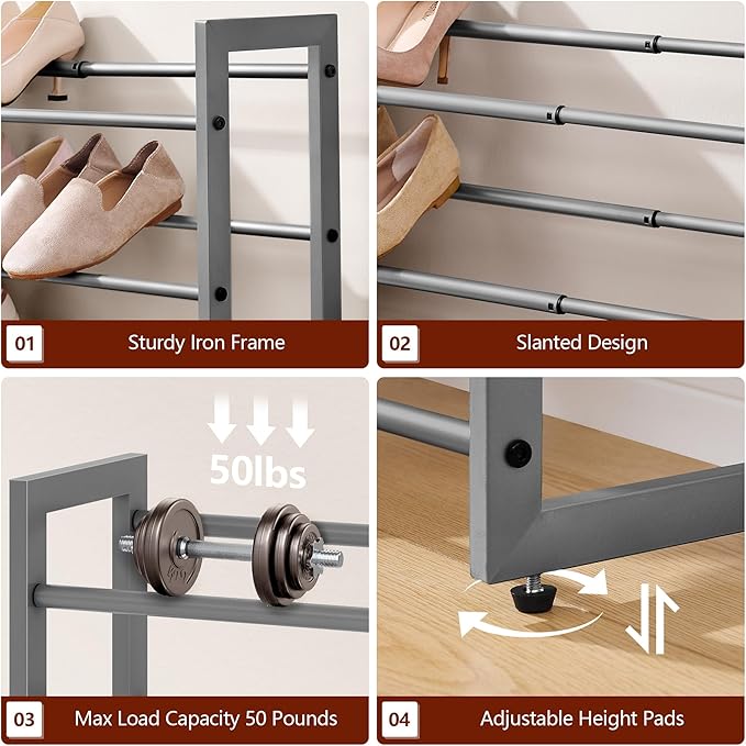 FAVOOSTY 4-Tier Expandable Shoe Rack, Adjustable Shoe Shelf Storage Organizer Space Saving Metal Free Standing Shoe Rack for Entryway Closet Doorway, Silver Grey