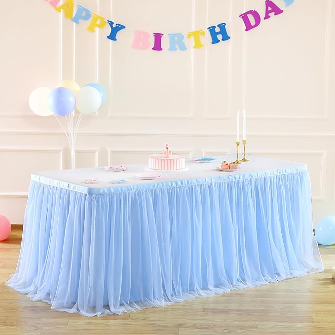 Baby Blue Table Skirt for Baby Shower Boy 6ft Light Blue Tulle Tutu Table Cloth for Elephant Birthday Party Ocean Baby Shark Gender Reveal Wedding Bridal Shower Cake Table Decorations