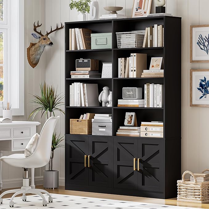 Farmhouse Bookshelves and Bookcases with 4 Doors, 6 Tier Large Book Shelf with Storage Cabinets, Standing Display Storage Shelves, 71” Tall Book Case for Living Room, Home Office, Black