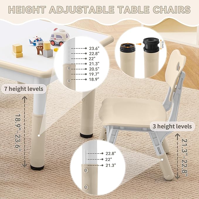 Kids Study Table and Chairs Set, Height Adjustable Toddler Table and Chair Set for Kids Ages 3-8, 31.5" L x 23.6" W Graffiti Desktop Plastic Children Art Table with 4 Seats
