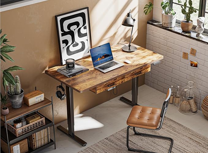 FEZIBO 55 x 24 Inches Standing Desk with Double Wooden Drawers, Adjustable Height Electric Standing Desk, Stand Up Home Office Desk with Splice Tabletop,Black Frame/Rustic Brown Top