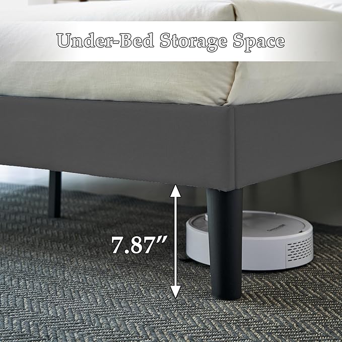 VECELO Queen Size Bed Frame with Adjustable Headboard, Upholstered Button Tufted Platform Bedframe with Wood Slats Support, No Box Spring Needed, Linen Fabric & Grey