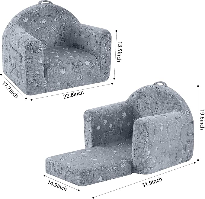 MeMoreCool Folding Toddler Chair, Comfy Plush Fold Out Kids Couch Sofa, Convertible Kid Sofa Bed, Flip Out Baby Recliner Foldable Children Sofa for Toddlers 1-4 Girls Boys, Dinosaur