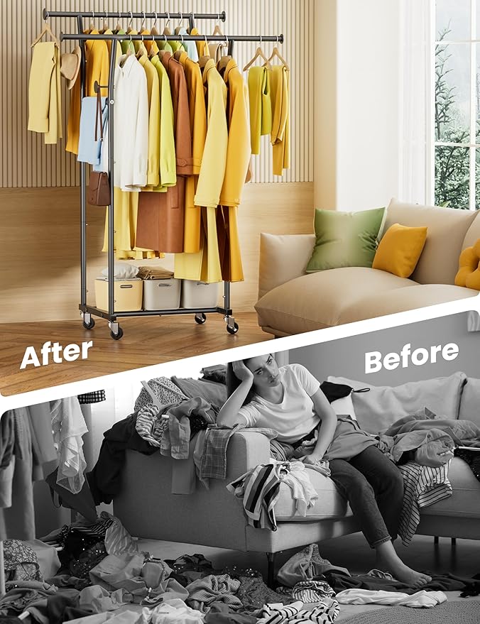 Double Rods Clothes Rack, Rolling Clothing Rack with Wheels, Metal Clothing Racks for Hanging Clothes, Portable Garment Rack Sturdy Closet Rack Trending Coat Rack for Laundry Bedroom Living Room