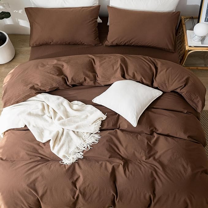 MooMee Bedding Duvet Cover Set 100% Washed Cotton Linen Like Textured Breathable Durable Soft Comfy (Solid Cocoa Brown, Super King 108"x98")