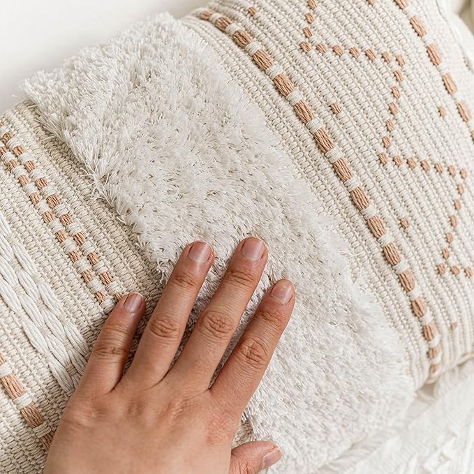 Decorative Lumbar Throw Pillow Cover 12x20 Cream Neutral White Rectangular Boho Accent Pillowcase Farmhouse Cushion for Couch Sofa Bedroom Living Home Décor (Cover ONLY, Pack of 1)