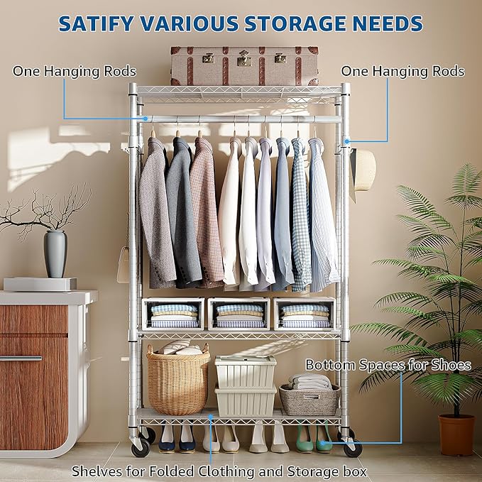 Heavy Duty Rolling Garment Rack 3 Tiers Adjustable Wire Shelving Clothes Rack with Rods and Side Hooks,Storage Closet Clothing Rack with Wheels White 15.7" D x 29.5" W x 74.5" H