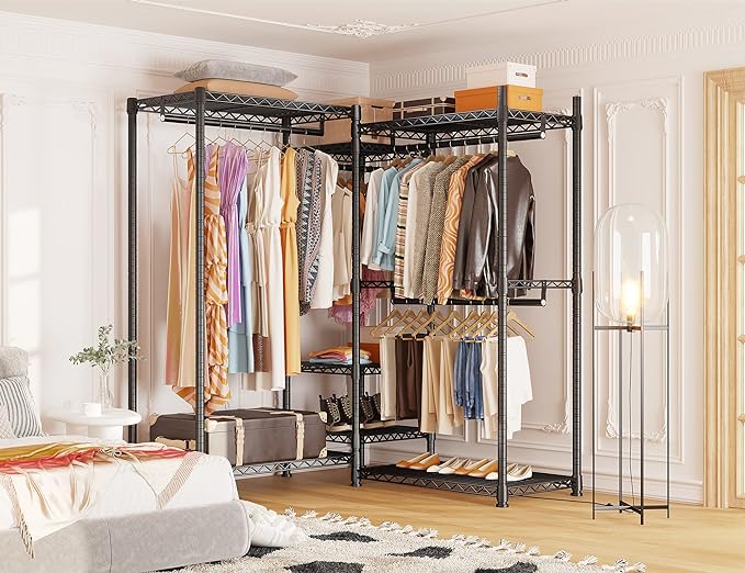 Raybee Clothes Rack Heavy Duty Clothing Racks for Hanging Clothes Adjustable Hanging Clothes Rack Garment Rack, Black, 13.9" D x 70.6" W x 77" H