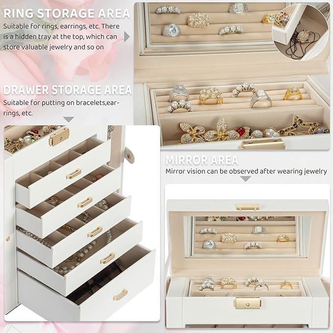 AKOZLIN Large 6-Tier Jewelry Box Lockable Leather Jewelry Storage Case with 5 Drawers for Women Girls Ring Necklace Earring Bracelet Holder Organizer with Mirror