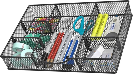 Desk Drawer Organizer Tray, Metal Mesh Drawer Organizers Office, 6 Adjustable Compartment, Desk Organizer Tray for Home Office 12 x 8.26 x 1.96 inch, Black, 1 Pack